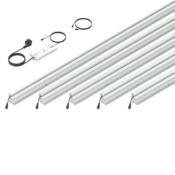 LyghtUp Zaunbeleuchtung Starter-Set - Länge: 173,3 cm, Silber, Passend für: WPC- und Aluminium-Steckzäune, 7 -tlg. - Das Bild zeigt eine Auswahl an LED-Leuchtstoffröhren mit zugehörigem Zubehör, ideal für eine energieeffiziente Beleuchtung.