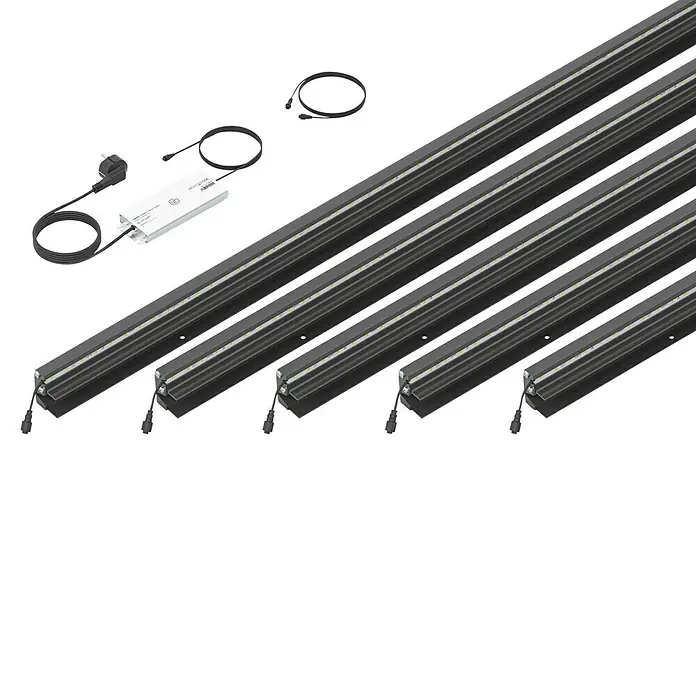LyghtUp Zaunbeleuchtung Starter-Set - Länge: 173,3 cm, Anthrazit, Passend für: WPC- und Aluminium-Steckzäune, 7 -tlg. - Ein Set von schwarzen LED-Leuchten mit Zubehör, ideal für moderne Beleuchtungslösungen. Das Set beinhaltet auch Kabel und einen Transformator.