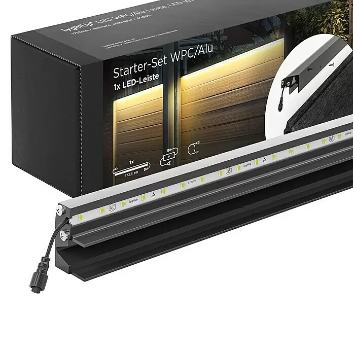 LyghtUp Zaunbeleuchtung Starter-Set - Länge: 173,3 cm, Anthrazit, Passend für: WPC- und Aluminium-Steckzäune, 3 -tlg. - Anthrazitfarbene WPC/Alu LED-Lichtleiste, 173,3 cm, mit sichtbaren LEDs und Anschlusskabel, in Starter-Set-Verpackung.