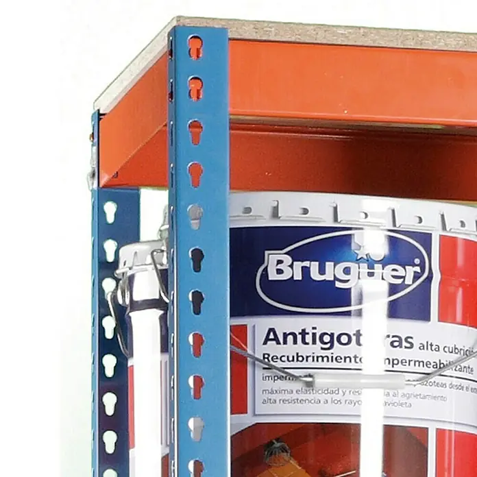 Simonrack Simonforte Schwerlastregal Simonforte Chipboard - H x B x T: 200 x 240 x 45 cm, Traglast pro Boden: 400 kg, Anzahl Böden: 4 Stk., Stecken, Blau/Orange - Detailaufnahme eines Regals mit einem Farbbehälter von Bruguer, Antigot, der auf einem Regalbrett steht.