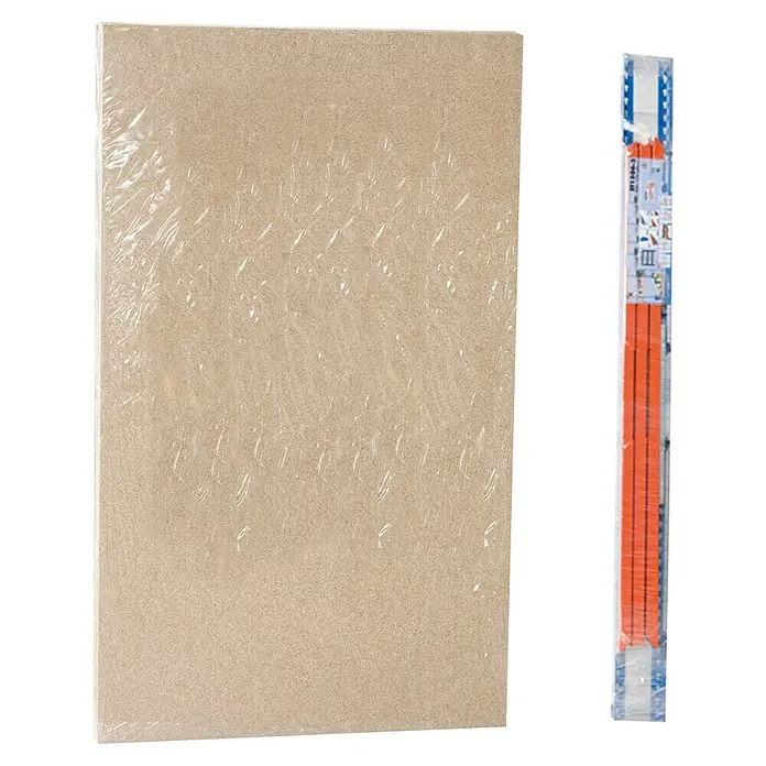 Simonrack Ecoforte Schwerlastregal Chipboard - H x B x T: 200 x 180 x 60 cm, Traglast pro Boden: 400 kg, Anzahl Böden: 5 Stk., Stecken, Blau/Orange - Ein verpacktes Brett und eine Packung orangefarbener Stifte, beide Artikel sind in Plastikfolie eingeschlagen, für den sicheren Transport.