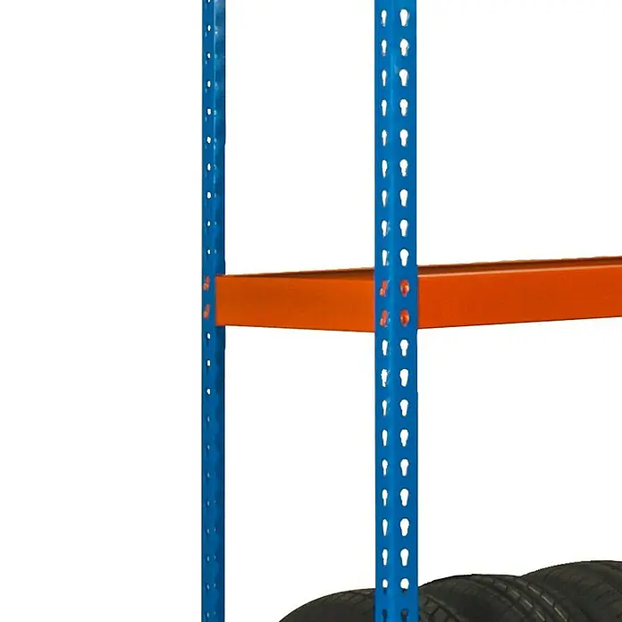 Simonrack Simonauto Reifenregal Autoforte - H x B x T: 200 x 150 x 45 cm, Anzahl Träger: 3 Stk., Stecken, Blau/Orange - Nahaufnahme eines blauen Metallregals mit Reifen und einer orangefarbenen Ablage.
