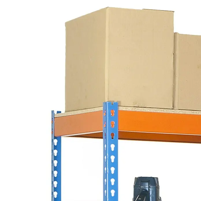 Simonrack Ecoforte Schwerlastregal Chipboard - H x B x T: 200 x 180 x 45 cm, Traglast pro Boden: 400 kg, Anzahl Böden: 5 Stk., Stecken, Blau/Orange - Regal mit Kartons. Das stabile Lagerregal bietet viel Stauraum für Lager, Keller oder Garage. Die Höhe der Regalböden ist verstellbar.