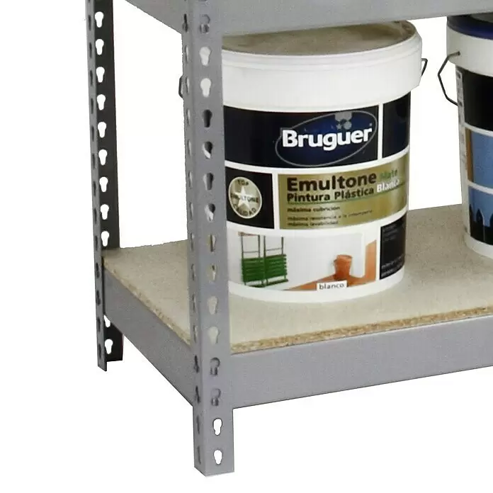 Simonrack Ecoforte Schwerlastregal Chipboard - H x B x T: 200 x 120 x 60 cm, Traglast pro Boden: 400 kg, Anzahl Böden: 5 Stk., Stecken, Grau - Graues Metallregal mit Holzbrettern, auf denen weiße Farbdosen stehen.