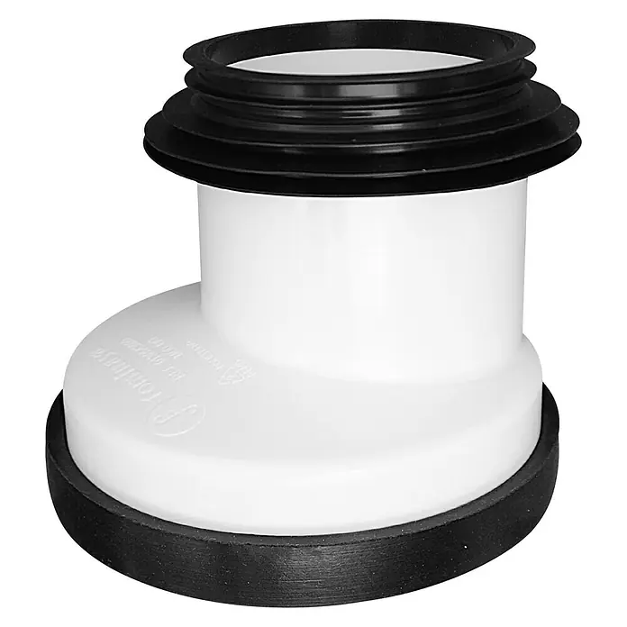 Manguito excéntrico - Diámetro del tubo: 90 mm - 110 mm, Polietileno - Primer plano de una tubería de desagüe blanca con juntas de goma negras en la parte superior e inferior, utilizada para instalaciones de fontanería.
