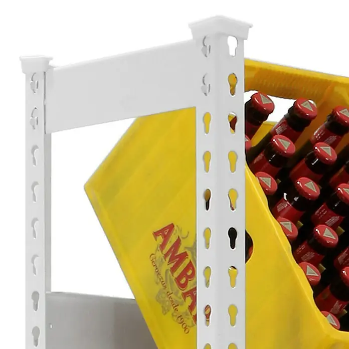 Simonrack Simonbottle Getränkekistenregal Bottleclick - H x B x T: 180 x 100 x 30 cm, Traglast Einlegeboden: 100 kg, Anzahl Böden: 3 Stk., Stecken, Weiß - Regal mit gelbem Kasten Ambar Bierflaschen.