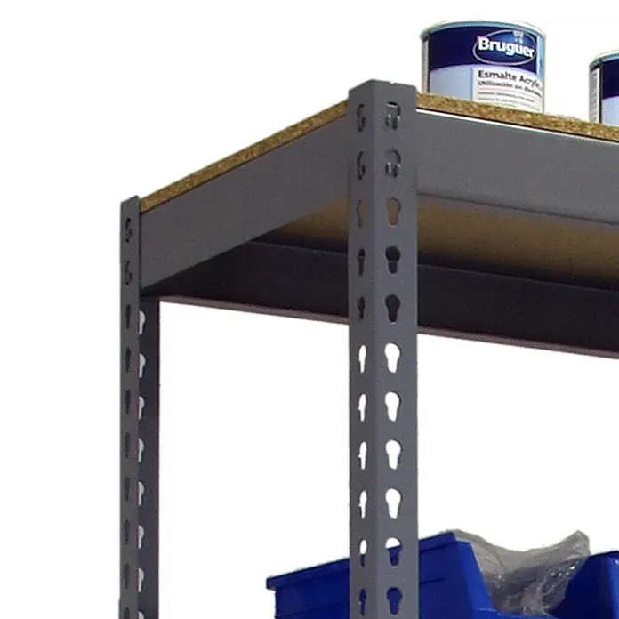 Simonrack Bricoforte Schwerlastregal Bricoforte Chipboard - H x B x T: 200 x 100 x 60 cm, Traglast pro Boden: 300 kg, Anzahl Böden: 5 Stk., Stecken, Grau - Aufnahme des grauen Metallregals mit Holzregalböden, das robust und funktional ist.