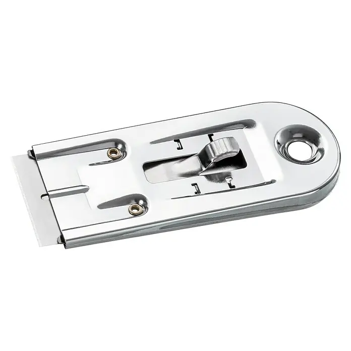 swingcolor Glasschaber - Klingenbreite: 40 mm, Metall - Ein silberner Glasschaber mit einer Klinge ragt hervor, ideal zum Entfernen von hartnäckigen Rückständen auf Glasoberflächen.