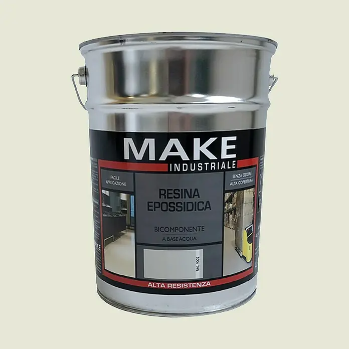 Make Resina epoxi para suelos Make - 4 l, Gris claro - Imagen de un producto de resina industrial de la marca MAKE. Resina epoxi de alta resistencia, bicomponente y a base de agua.