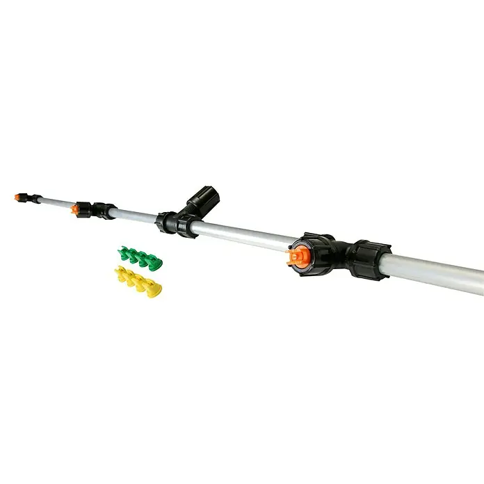 Solo Spritzbalken mit 4 Düsen - 120 cm, Aluminium - Detailaufnahme einer Sprühvorrichtung mit Düsen in verschiedenen Farben. Die Düsen sind grün, gelb und orange.