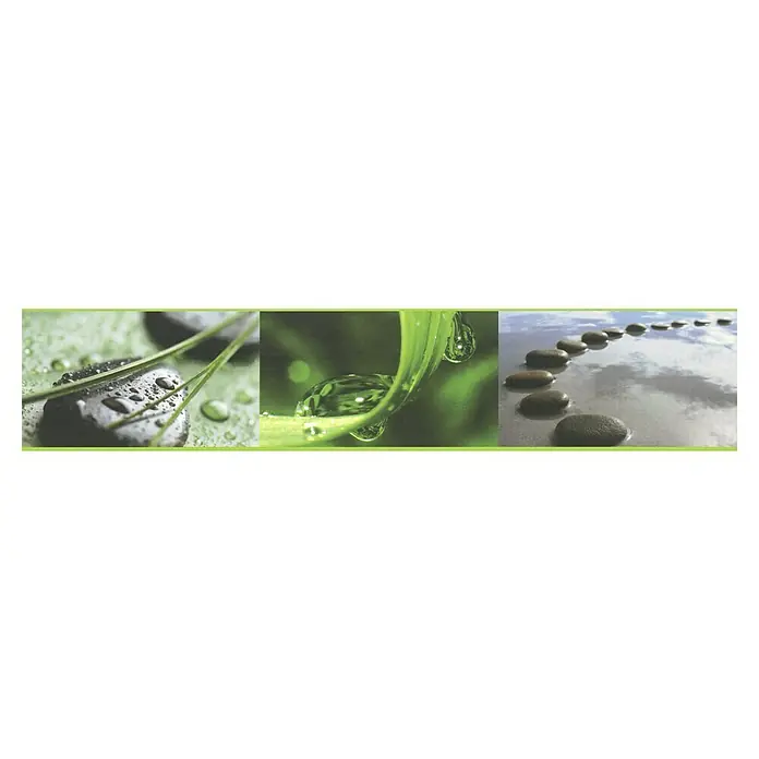 A.S. Création Only Borders 11 Tapetenborte Wellness - Kunststoff, Bunt - Eine harmonische Collage aus Steinen mit Wassertropfen und einem Pfad von Trittsteinen, die Ruhe und Ausgeglichenheit ausstrahlt.