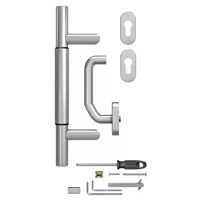 Panto Stoßgriff-Set variabel - Passend für: Haus- & Nebeneingangstüren, Variable Länge 300 – 400 mm - Ein komplettes Set silberner Türgriffe und Beschläge, inklusive Stangengriffset, Zuggriff, Schlüssellochblenden, Schraubendreher, Schrauben und Inbusschlüssel.