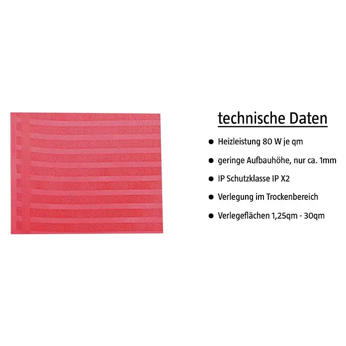 Admiral Laminat- & Parkett-Heizfolie Top-Power - L x B: 3,5 x 0,5 m, Beheizbare Fläche: 1,75 m² - Produktbild einer Flächenheizung mit technischen Daten wie Heizleistung und Aufbauhöhe.