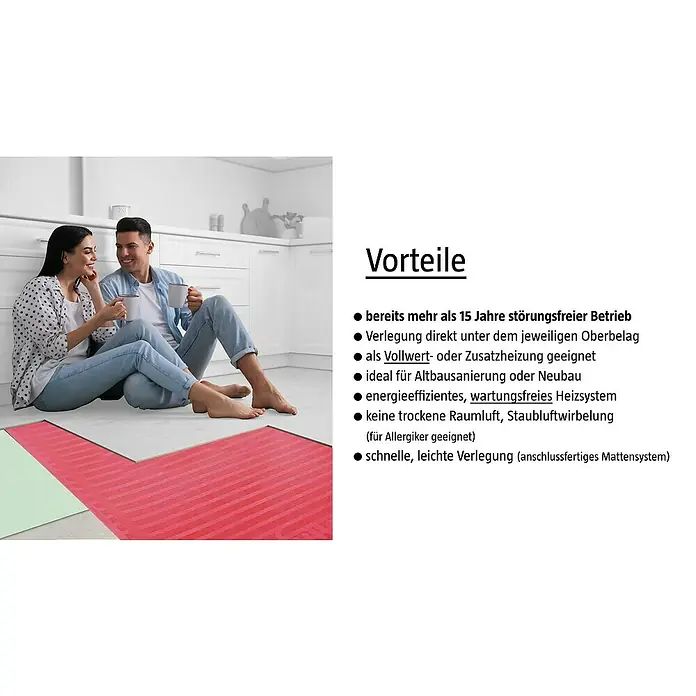 Admiral Laminat- & Parkett-Heizfolie Top-Power - L x B: 3,5 x 0,5 m, Beheizbare Fläche: 1,75 m² - Das Bild zeigt ein Paar auf einer Fußbodenheizung mit den Vorteilen: störungsfreier Betrieb, schnelle Verlegung und ideal für Allergiker.