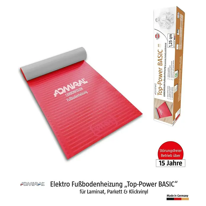 Admiral Laminat- & Parkett-Heizfolie Top-Power - L x B: 3,5 x 0,5 m, Beheizbare Fläche: 1,75 m² - Produktbild der „Top-Power BASIC“ Elektro-Fußbodenheizung von Admiral, geeignet für Laminat, Parkett und Klickvinyl mit 10 Jahren Garantie.