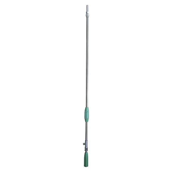 Solo Sprühlanze mit Abstellhahn & Wechseldüse - Länge: 120 cm - Eine lange, silberne Metallsprühlanze mit grünem Griff und Düse für präzise Flüssigkeitsanwendung.