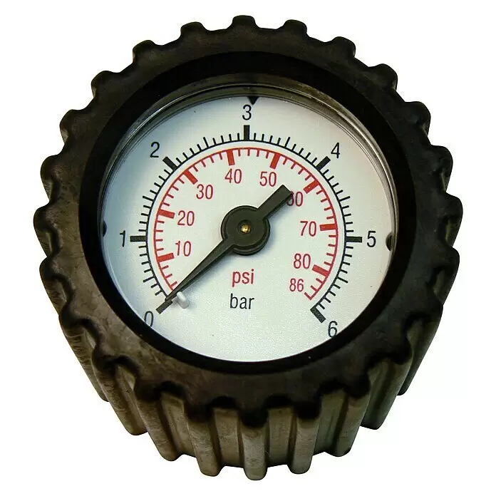 Solo Manometer - 6 bar, Passend für: Solo Druck- und Rückensprüher - Schwarzes, gezahntes Manometer mit weißem Zifferblatt, das PSI- und Bar-Werte anzeigt und einen schwarzen Zeiger hat, der nahe Null steht.