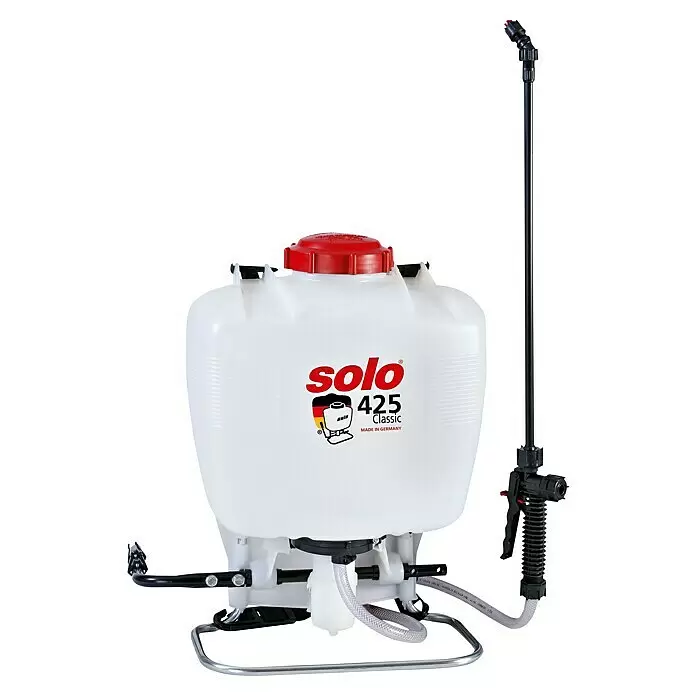 Solo Drucksprühgerät Classic 425 - Betriebsdruck: 4 bar, Kunststoff - Weißes Solo 425 Classic Rückensprühgerät mit rotem Deckel, schwarzem Sprührohr und transparentem Schlauch.