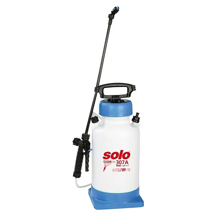 Solo Drucksprühgerät mit Standfuß Cleanline 307 A -  - Weiß-blauer Solo CLEANLine 307A Drucksprüher mit schwarzer Lanze und Griff für vielfältige Sprühanwendungen.