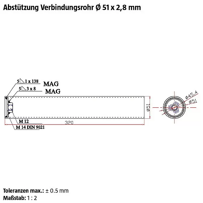 Minka Wandhalterung Comfort Top - Ø x L: 12,7 x 50 cm, Passend für: Minka Mittelholmtreppen Comfort Top - Technische Zeichnung eines Abstützung-Verbindungsrohrs, Ø 51 mm, Wandstärke 2,8 mm, 320 mm lang, mit Gewindeende.