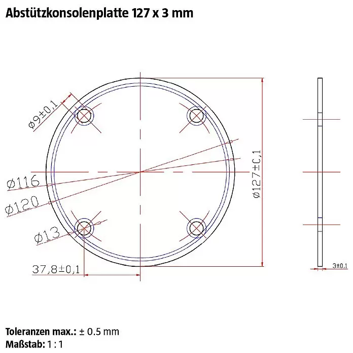 Minka Wandhalterung Comfort Top - Ø x L: 12,7 x 50 cm, Passend für: Minka Mittelholmtreppen Comfort Top - Technisches Zeichnung einer runden Stützkonsoleplatte, 127x3mm, mit vier Befestigungslöchern.