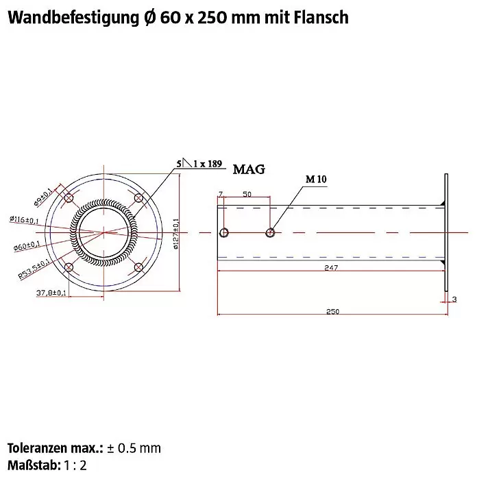 Minka Wandhalterung Comfort Top - Ø x L: 12,7 x 50 cm, Passend für: Minka Mittelholmtreppen Comfort Top - Technische Zeichnung einer Wandbefestigung (60x250 mm) mit Flansch, zeigt Maße, Bohrbilder und Schweißdetails.