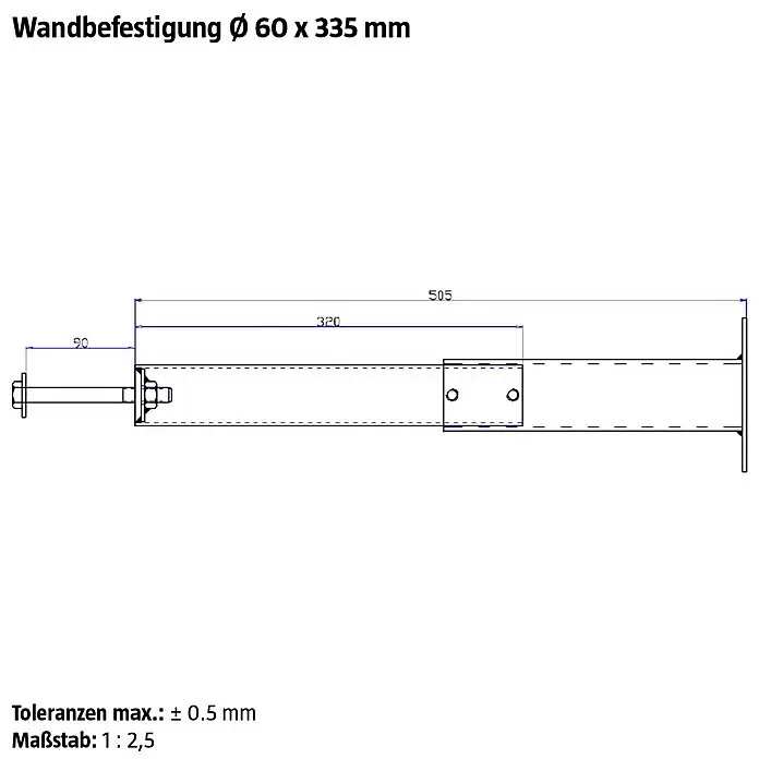 Minka Wandhalterung Comfort Top - Ø x L: 12,7 x 50 cm, Passend für: Minka Mittelholmtreppen Comfort Top - Technische Zeichnung einer Wandbefestigung mit Maßen und Befestigungsteilen.