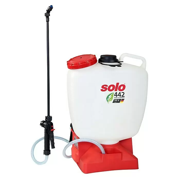 Solo Akku-Drucksprühgerät 442 - 18 V, Li-Ionen, 1 Akku, Betriebsdruck: 1 bar - 4 bar - Akku-Rückensprühgerät, weißer Tank, roter Sockel, schwarze Lanze.