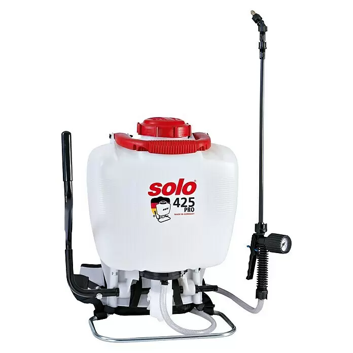 Solo Drucksprühgerät 425 Pro - Betriebsdruck: 6 bar, Kunststoff - Solo 425 Pro weißes Rückensprühgerät mit rotem Deckel, schwarzem Sprührohr und integriertem Manometer.