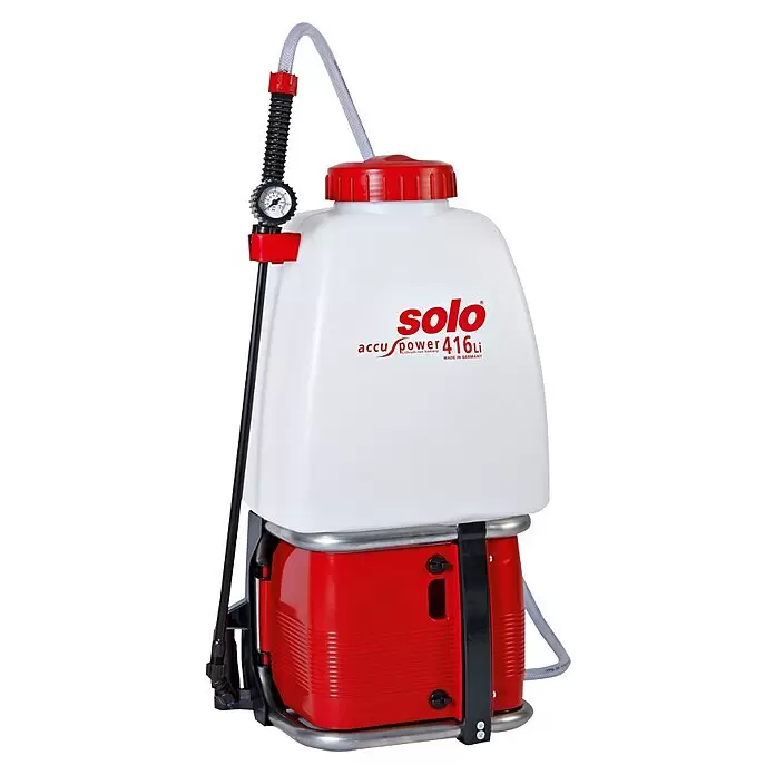 Solo Akku-Drucksprühgerät 416 - 11,1 V, Li-Ionen, 1 Akku, Betriebsdruck: 2,5 bar - 4,3 bar - Weiß-roter Solo accu power 416Li Rucksacksprüher mit Schlauch und Manometer.