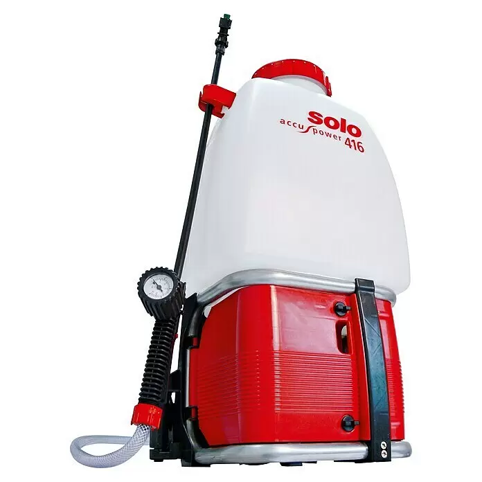 Solo Akku-Drucksprühgerät 416 - 11,1 V, Li-Ionen, 1 Akku, Betriebsdruck: 2,5 bar - 4,3 bar - Rotes und weißes Solo accu power 416 Rückensprühgerät mit schwarzem Sprühstab, Manometer und transparentem Schlauch.