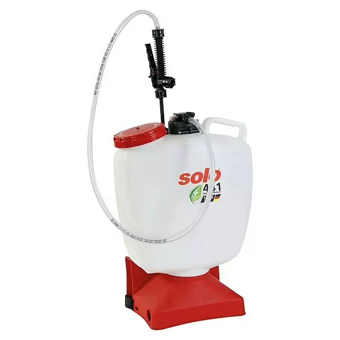 Solo Akku-Drucksprühgerät 441 - 11,1 V, 1 Akku, Betriebsdruck: 2,5 bar - Weißes akkubetriebenes Gartensprühgerät mit rotem Standfuß, rotem Deckel, transparentem Schlauch und schwarzem Sprühgriff.