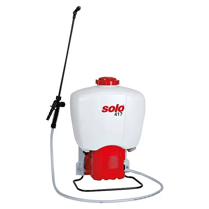 Solo Akku-Drucksprühgerät 417 - 12 V, Blei-Gel, 1 Akku, Betriebsdruck: 2,5 bar - 4,3 bar - Weiß-rotes Rückensprühgerät mit schwarzer Sprühlanze und grauem Schlauch.