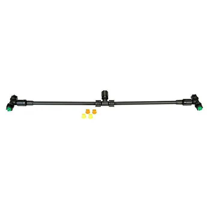 Solo Spritzbalken mit 2 Düsen - 60 cm, Kunststoff - Ein Bewässerungssystem mit schwarzem Rohr, T-Stücken und grünen Düsen für eine effiziente Pflanzenbewässerung.