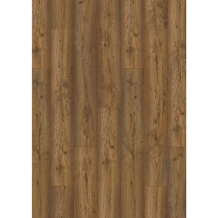 LOGOCLIC Vinto Laminat - Eiche Bergamo, Landhausdiele, 1.288 x 195 x 8 mm - Nahaufnahme eines Laminatbodens in warmen Holztönen, der eine realistische Holzmaserung und Textur aufweist.