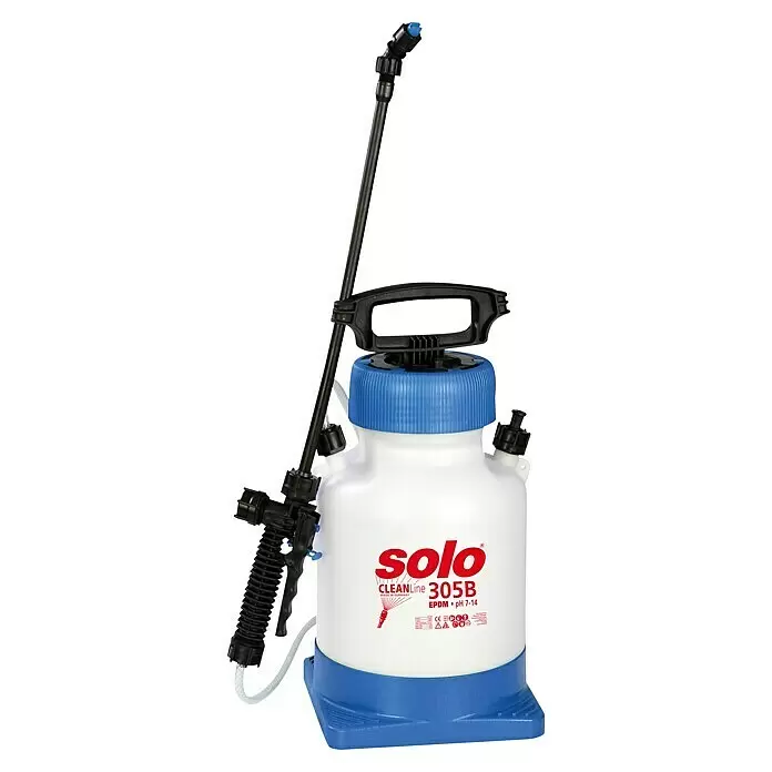 Solo Drucksprühgerät Cleanline 305 B - Füllmenge: 5 l - Weiß-blauer Solo CLEANLine 305B Drucksprüher mit schwarzem Griff, Sprühlanze und blauer Düse.