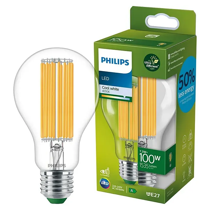 Philips Bombilla LED Clásica - E27, Blanco neutro, 1.535 lm, 7,3 W - Bombilla LED Philips con filamento claro y tecnología de ahorro de energía, perfecta para una iluminación brillante y eficiente.