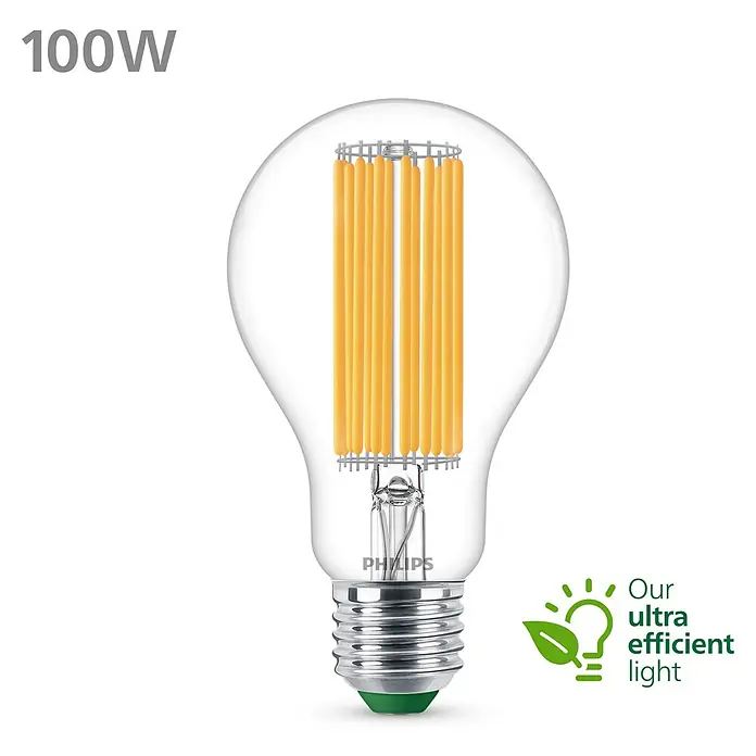 Philips Bombilla LED Clásica - E27, Blanco neutro, 1.535 lm, 7,3 W - Una bombilla de filamento LED Philips transparente de 100 W, que muestra una solución de iluminación eficiente.