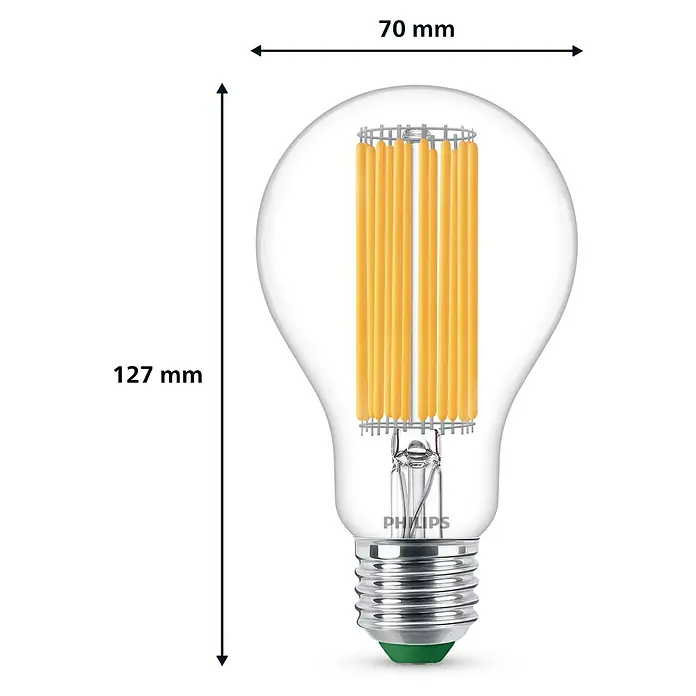 Philips Bombilla LED Clásica - E27, Blanco neutro, 1.535 lm, 7,3 W - Una clara imagen de cerca de una bombilla LED Philips, dimensiones 127 mm de altura y 70 mm de ancho. Ideal para iluminación ambiental.