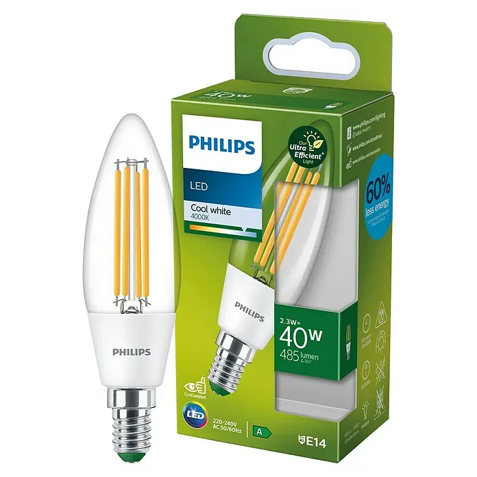 Philips Bombilla LED Clásica Vela - E14, Blanco frío, 485 lm, 2,3 W - Bombilla LED Philips con luz Cool White, 4000K, 40W de potencia y base E14. Eficiencia energética y confort visual.