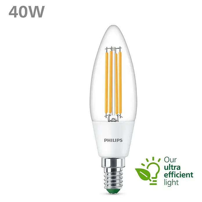 Philips Bombilla LED Clásica Vela - E14, Blanco frío, 485 lm, 2,3 W - Imagen de una lámpara LED Philips de 40W, diseñada para proporcionar iluminación eficiente y una alternativa sostenible.