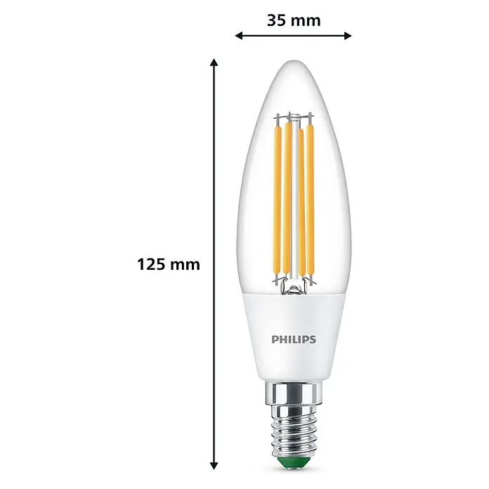 Philips Bombilla LED Clásica Vela - E14, Blanco frío, 485 lm, 2,3 W - Imagen de una bombilla LED en forma de vela de Philips, que combina eficiencia energética con diseño clásico. Mide 125 mm de altura y 35 mm de ancho.