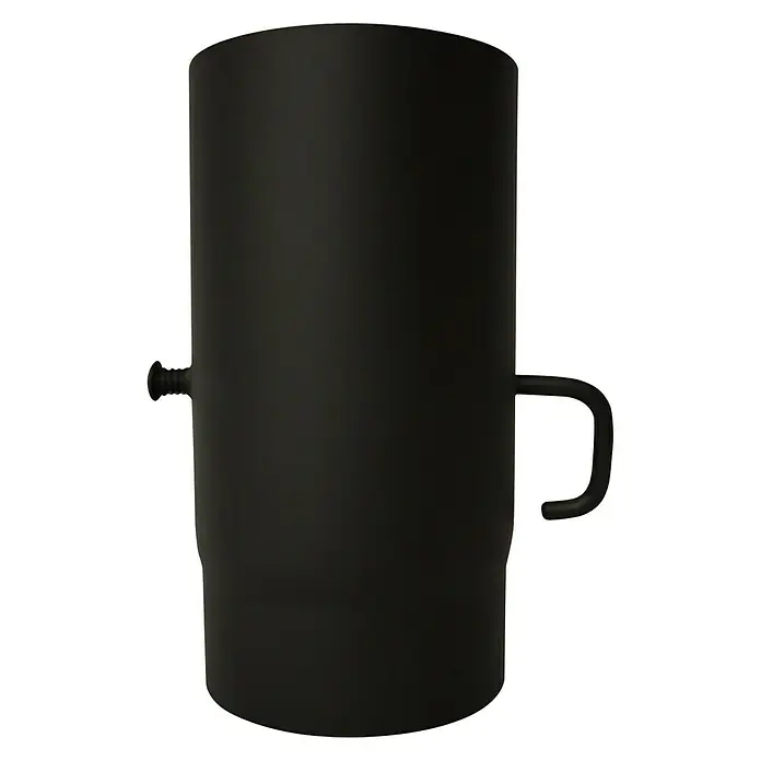 Ofenrohr - Ø x L: 180 x 250 mm, Mit Sperrer, Senotherm lackiert, Schwarz - Nahaufnahme eines schwarzen Ofenrohrs mit Griff und Schraube. Ideal für Heizsysteme und Kamininstallationen.