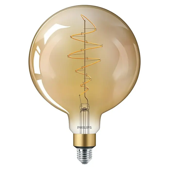 Philips Bombilla LED Vintage Gold - E27, Intensidad regulable, Ámbar, 470 lm, 7 W, Redonda - Primer plano de una bombilla LED Philips de estilo vintage con filamento en espiral y luz ámbar cálida.
