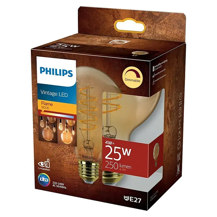 Philips Bombilla LED Vintage Gold - E27, Intensidad regulable, Ámbar, 250 lm, 4 W, Redonda - Bombilla LED Vintage de Philips (4W=25W) con casquillo E27, regulable y con luz blanca cálida (1800K) en un paquete decorativo.