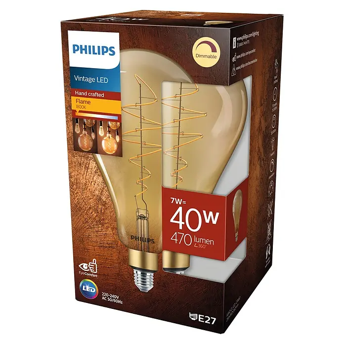 Philips Bombilla LED Vintage Gold - E27, Intensidad regulable, Ámbar, 470 lm, 7 W, Globo - Bombilla LED Vintage de Philips en su embalaje. La bombilla tiene una luz cálida y regulable con 470 lúmenes y 7 vatios.