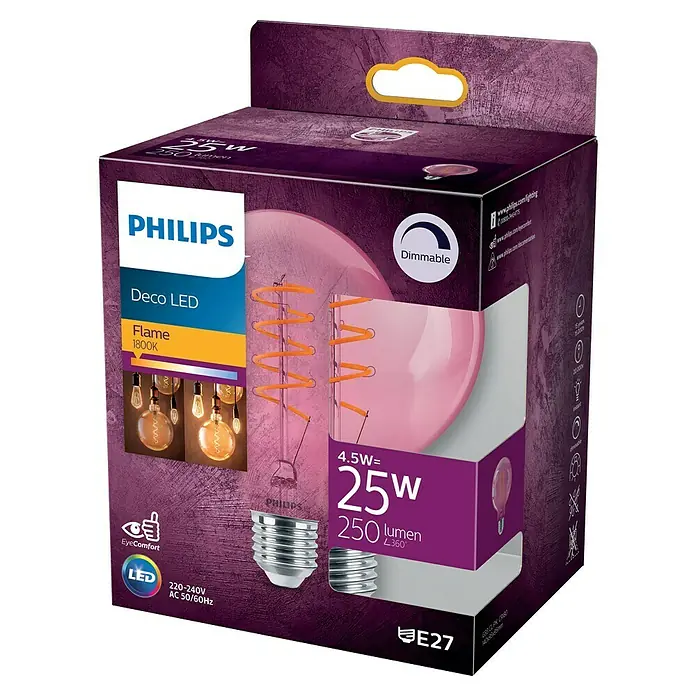 Philips Bombilla LED Deco - E27, Intensidad regulable, Ámbar, 250 lm, 4,5 W, Redonda - Un primer plano del embalaje de una bombilla LED Philips Deco con un diseño de llama y 25 vatios.