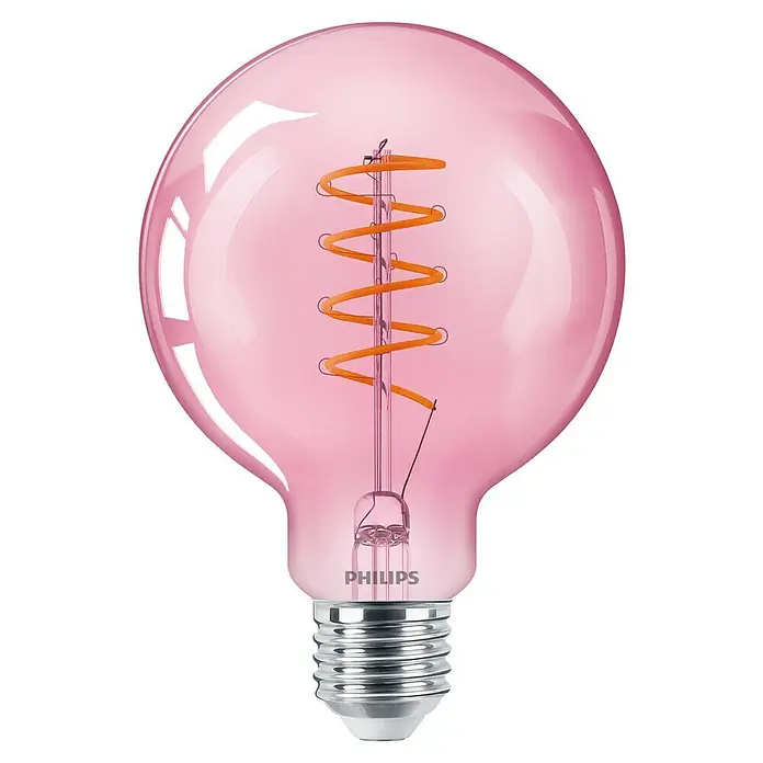 Philips Bombilla LED Deco - E27, Intensidad regulable, Ámbar, 250 lm, 4,5 W, Redonda - Primer plano de una bombilla Philips Globe con cristal rosa y un filamento en forma de espiral, que promete luz ambiental.