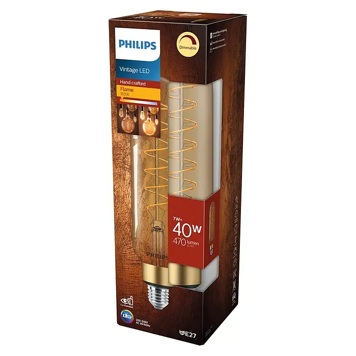 Philips Bombilla LED Vintage Gold - E27, Intensidad regulable, Ámbar, 470 lm, 7 W, Cápsula - Primer plano del embalaje de una bombilla LED Vintage de Philips, que destaca el producto y sus características.