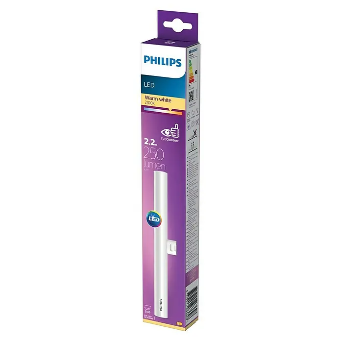 Philips Tubo fluorescente LED D - Blanco cálido, 2,2 W, 250 lm, S14d - Detalle de la lámpara LED tubular Philips en blanco cálido (2700K), 2,2 W, 250 lúmenes, envasada con tecnología EyeComfort para una luz agradable.